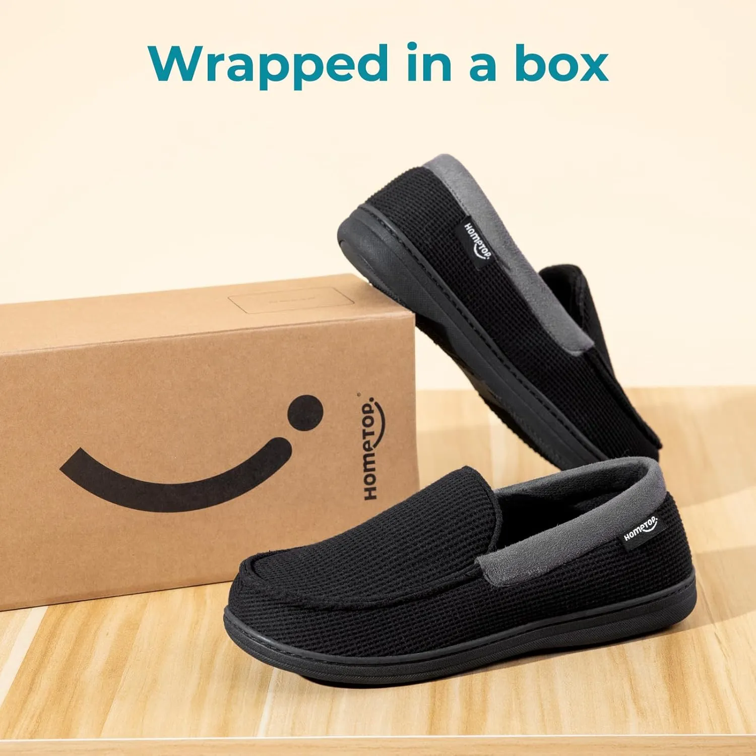 HomeTop Men's Comfort Memory Foam Moccasin Slippers, Breathable Cotton Knit Terry Cloth House Shoes for Indoor Outdoor
