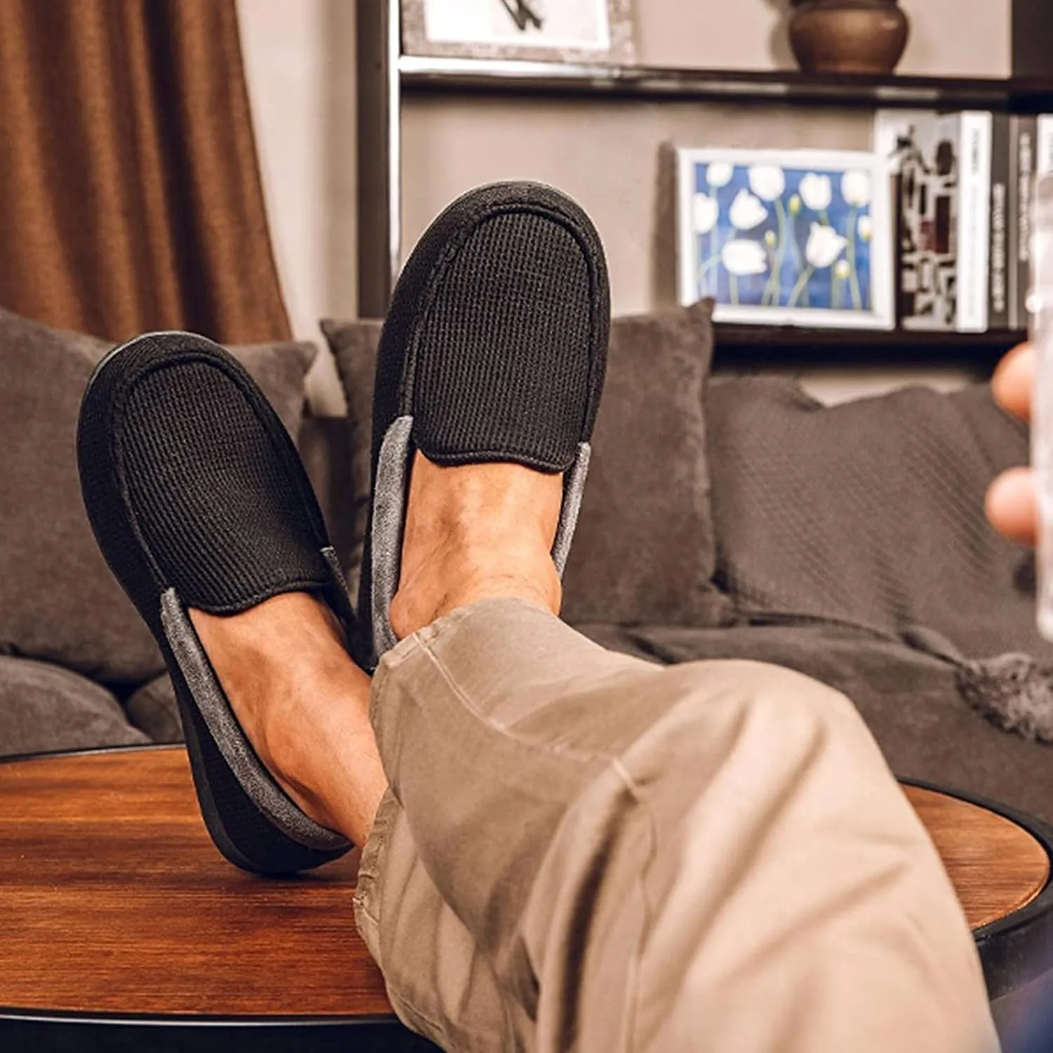 HomeTop Men's Comfort Memory Foam Moccasin Slippers, Breathable Cotton Knit Terry Cloth House Shoes for Indoor Outdoor