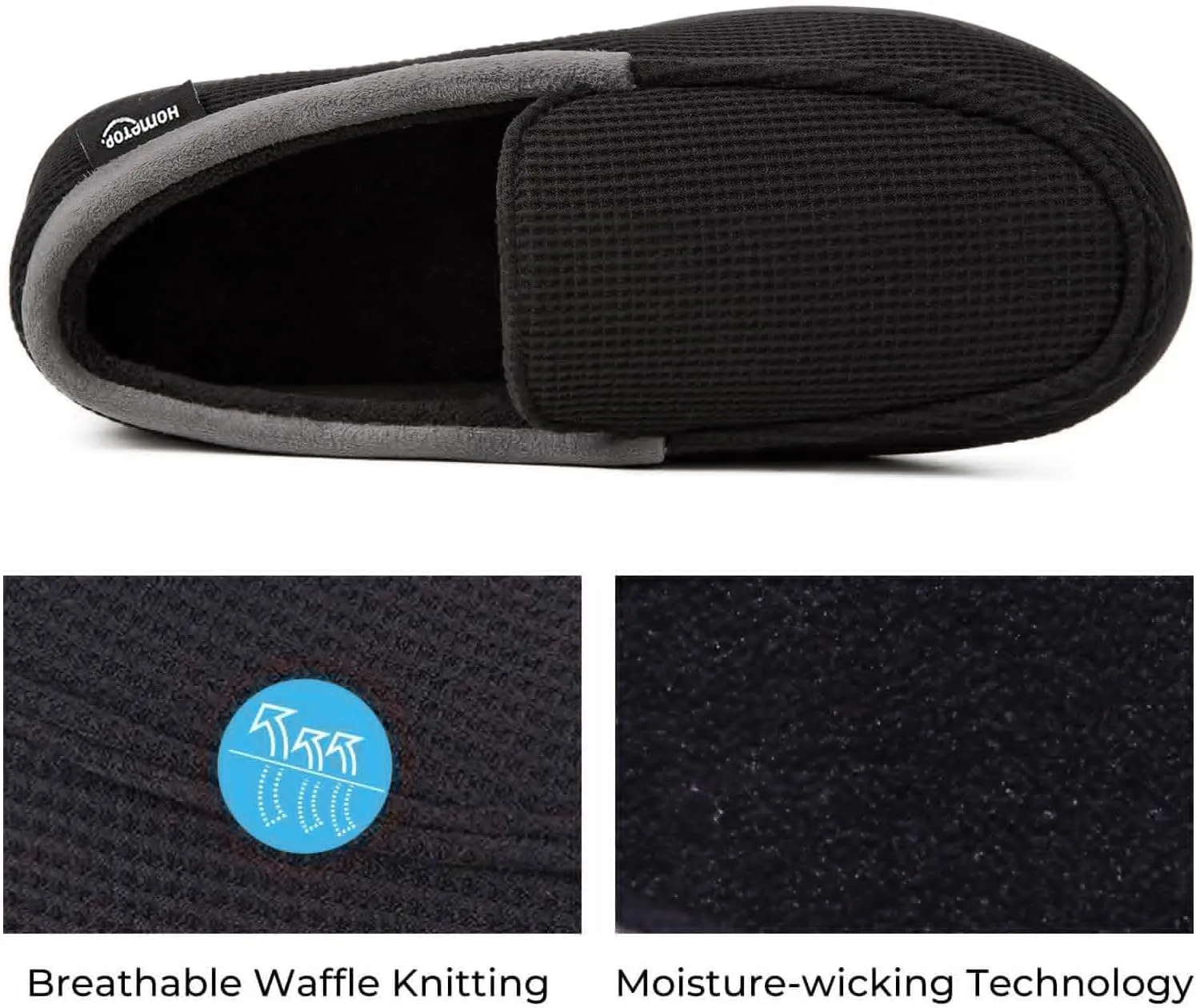 HomeTop Men's Comfort Memory Foam Moccasin Slippers, Breathable Cotton Knit Terry Cloth House Shoes for Indoor Outdoor