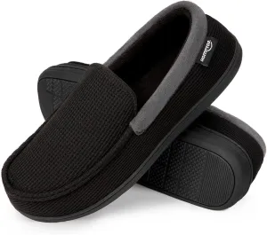 HomeTop Men's Comfort Memory Foam Moccasin Slippers, Breathable Cotton Knit Terry Cloth House Shoes for Indoor Outdoor