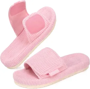 HomeTop Women's Corduroy Open Toe Slippers with Adjustable Closure Memory Foam