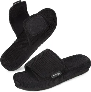 HomeTop Women's Corduroy Open Toe Slippers with Adjustable Closure Memory Foam