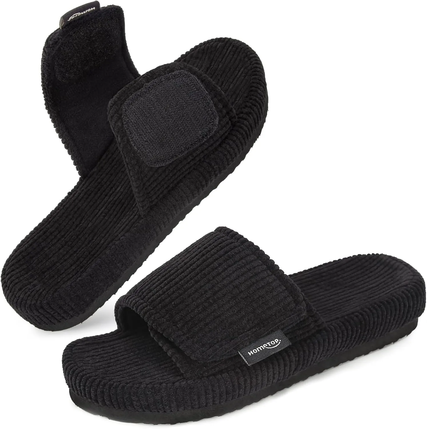 HomeTop Women's Corduroy Open Toe Slippers with Adjustable Closure Memory Foam