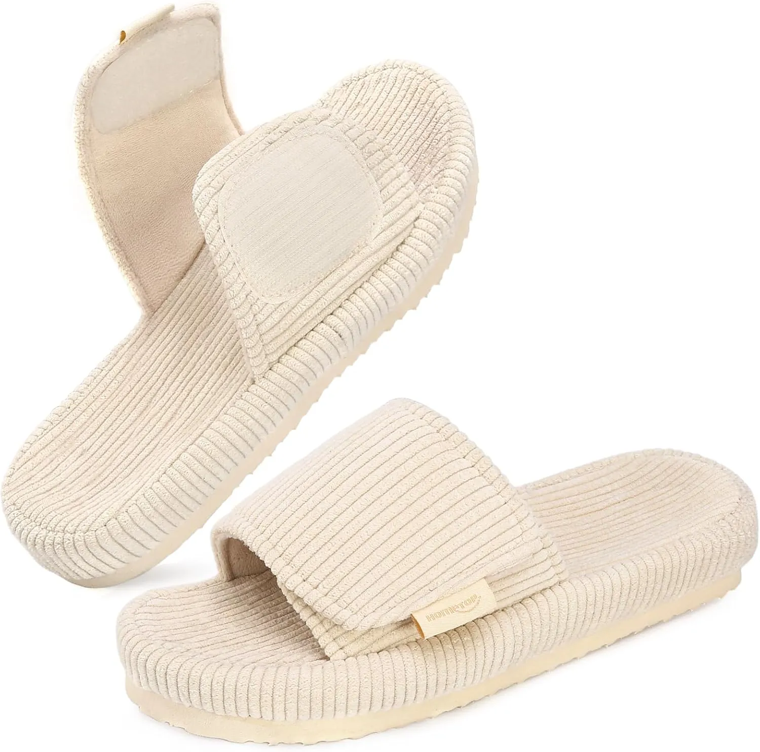 HomeTop Women's Corduroy Open Toe Slippers with Adjustable Closure Memory Foam