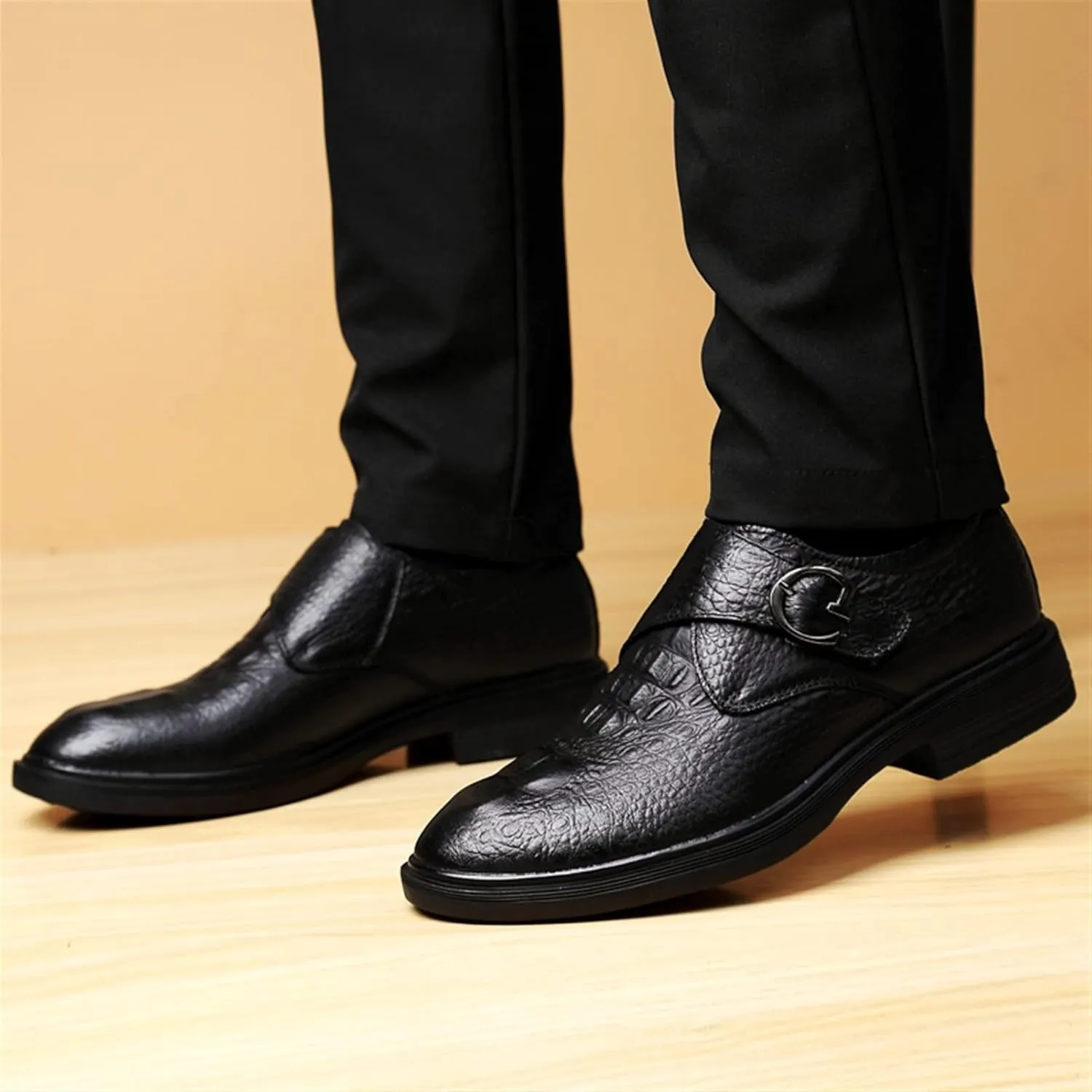HOOENG Dress Formal Shoes for Men Slip on Crocodile Embossed Monk Strap Leather Slip Resistant Low Top Anti-Slip Non Slip Outdoor