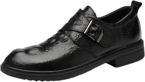 HOOENG Dress Shoes for Men Slip on Crocodile Embossed Monk Strap Vegan Leather Block Heel Low Top Rubber Sole Non Slip Resistant Working (Color : Black, Size : 6)