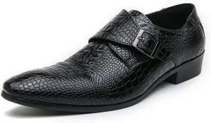 HOOENG Formal Shoes for Men Slip On Pointed Burnished Toe Faux Leather Crocodile Print Monk Strap Block Heel Slip Resistant Anti-Slip Outdoor(Color:Black,Size:7.5)