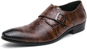 HOOENG Formal Shoes for Men Slip On Pointed Burnished Toe Faux Leather Crocodile Print Monk Strap Block Heel Slip Resistant Anti-Slip Outdoor(Color:Brown,Size:11.5)