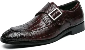 HOOENG Formal Shoes for Men Slip on Split Toe Crocodile Embossed Monk Strap Leather Anti-Slip Low Top Rubber Sole Non Slip Walking (Color : Brown, Size : 8.5)
