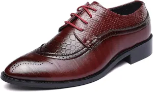 HOOENG Oxford Shoes for Men Lace Up Brogue Embossed Crocodile Embossed PU Leather Low Top Block Heel Slip Resistant Business (Color : Red, Size : 10.5)