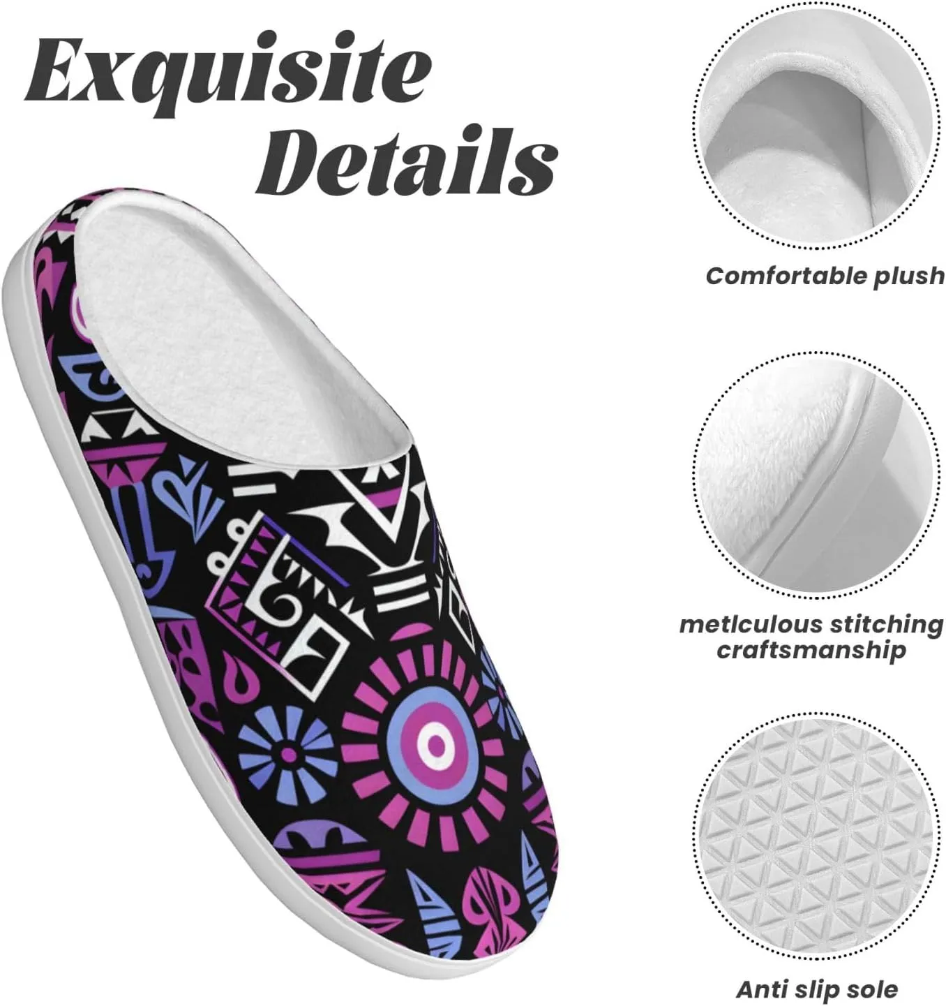 House Slippers for Woman Men Purple Ethnic Pattern Comfy Flannel Women's Slippers Non Slip Home Slippers Shoes
