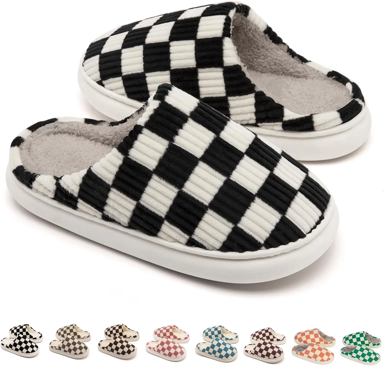 House Slippers for Woman Men, Womens Slippers on Fuzzy House Shoes Memory Foam Checkered Scuff Outdoor Indoor Warm Plush Bedroom Shoes with Faux Fur Lining Size