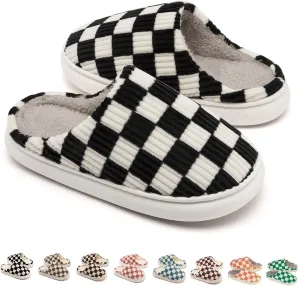 House Slippers for Woman Men, Womens Slippers on Fuzzy House Shoes Memory Foam Checkered Scuff Outdoor Indoor Warm Plush Bedroom Shoes with Faux Fur Lining Size