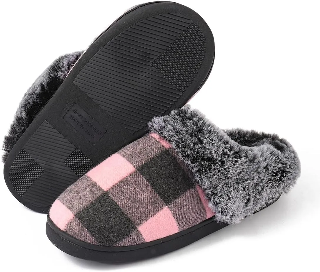 House Slippers for Woman Men, womens slippers on House Shoes Cozy Memory Foam Scuff plaid slippers with Fuzzy Faux Fur Comfortable Non-Slip Warm Fuzzy Checkered Slippers Indoor outdoor