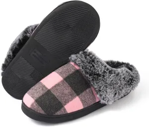 House Slippers for Woman Men, womens slippers on House Shoes Cozy Memory Foam Scuff plaid slippers with Fuzzy Faux Fur Comfortable Non-Slip Warm Fuzzy Checkered Slippers Indoor outdoor