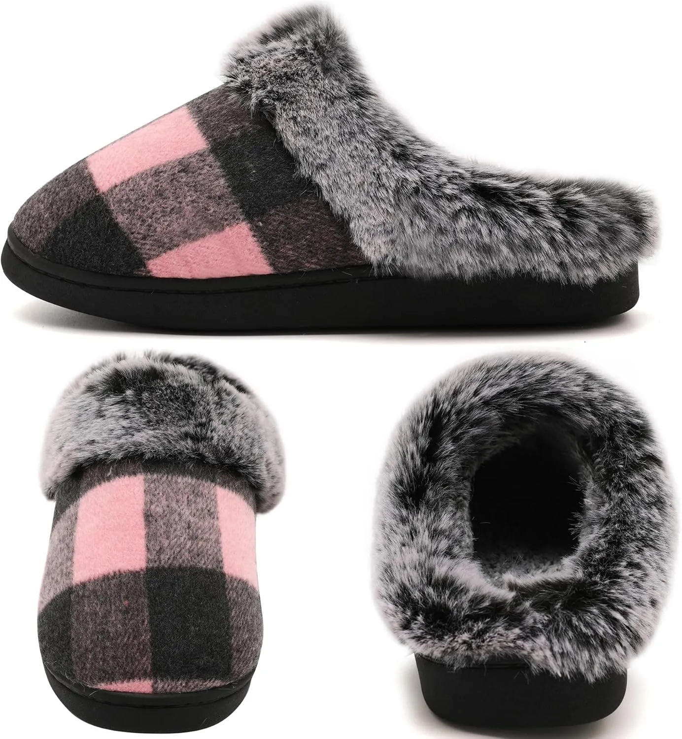 House Slippers for Woman Men, womens slippers on House Shoes Cozy Memory Foam Scuff plaid slippers with Fuzzy Faux Fur Comfortable Non-Slip Warm Fuzzy Checkered Slippers Indoor outdoor