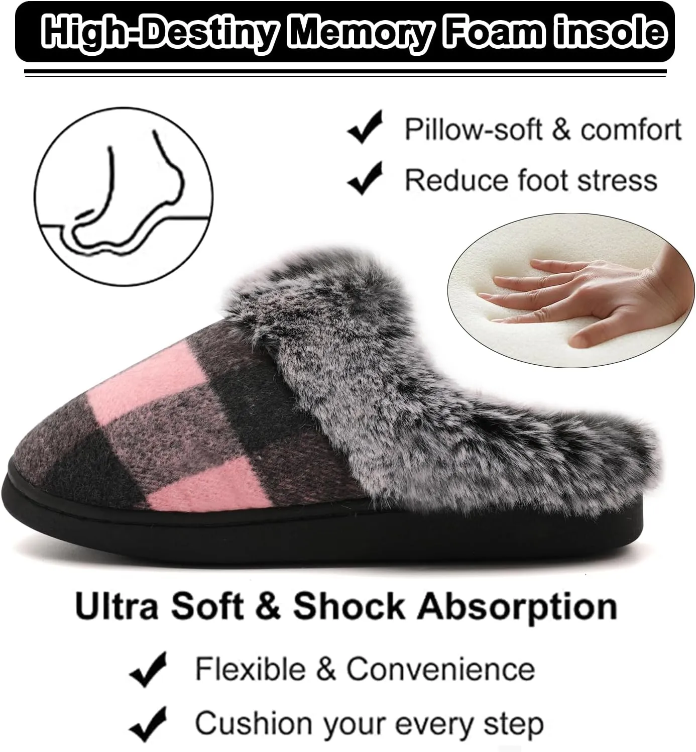 House Slippers for Woman Men, womens slippers on House Shoes Cozy Memory Foam Scuff plaid slippers with Fuzzy Faux Fur Comfortable Non-Slip Warm Fuzzy Checkered Slippers Indoor outdoor