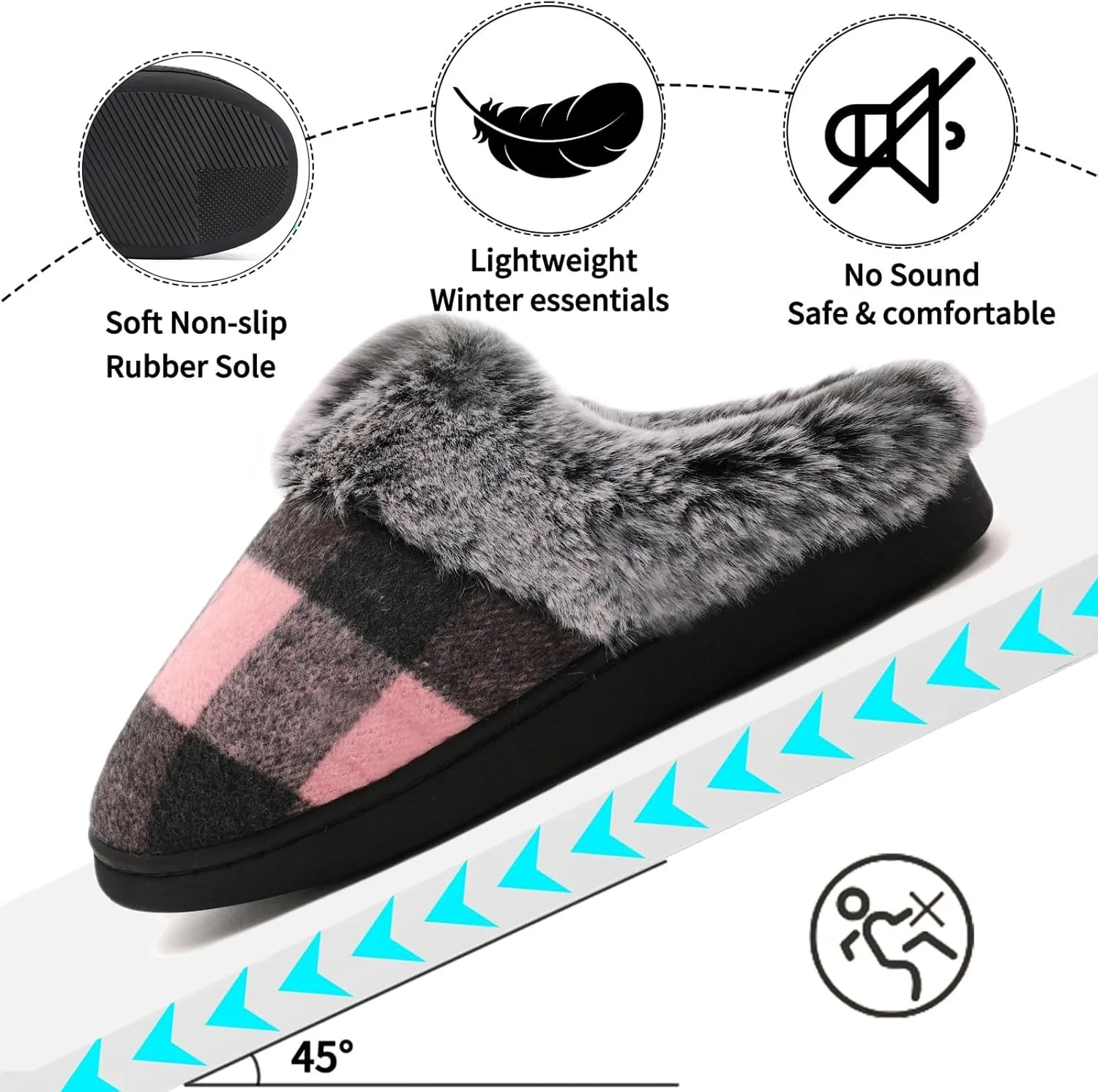 House Slippers for Woman Men, womens slippers on House Shoes Cozy Memory Foam Scuff plaid slippers with Fuzzy Faux Fur Comfortable Non-Slip Warm Fuzzy Checkered Slippers Indoor outdoor