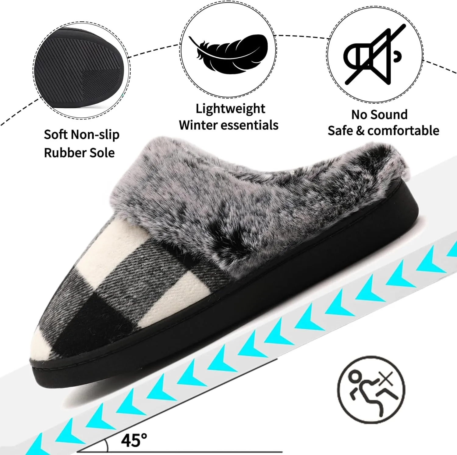 House Slippers for Woman Men, womens slippers on House Shoes Cozy Memory Foam Scuff plaid slippers with Fuzzy Faux Fur Comfortable Non-Slip Warm Fuzzy Checkered Slippers Indoor outdoor