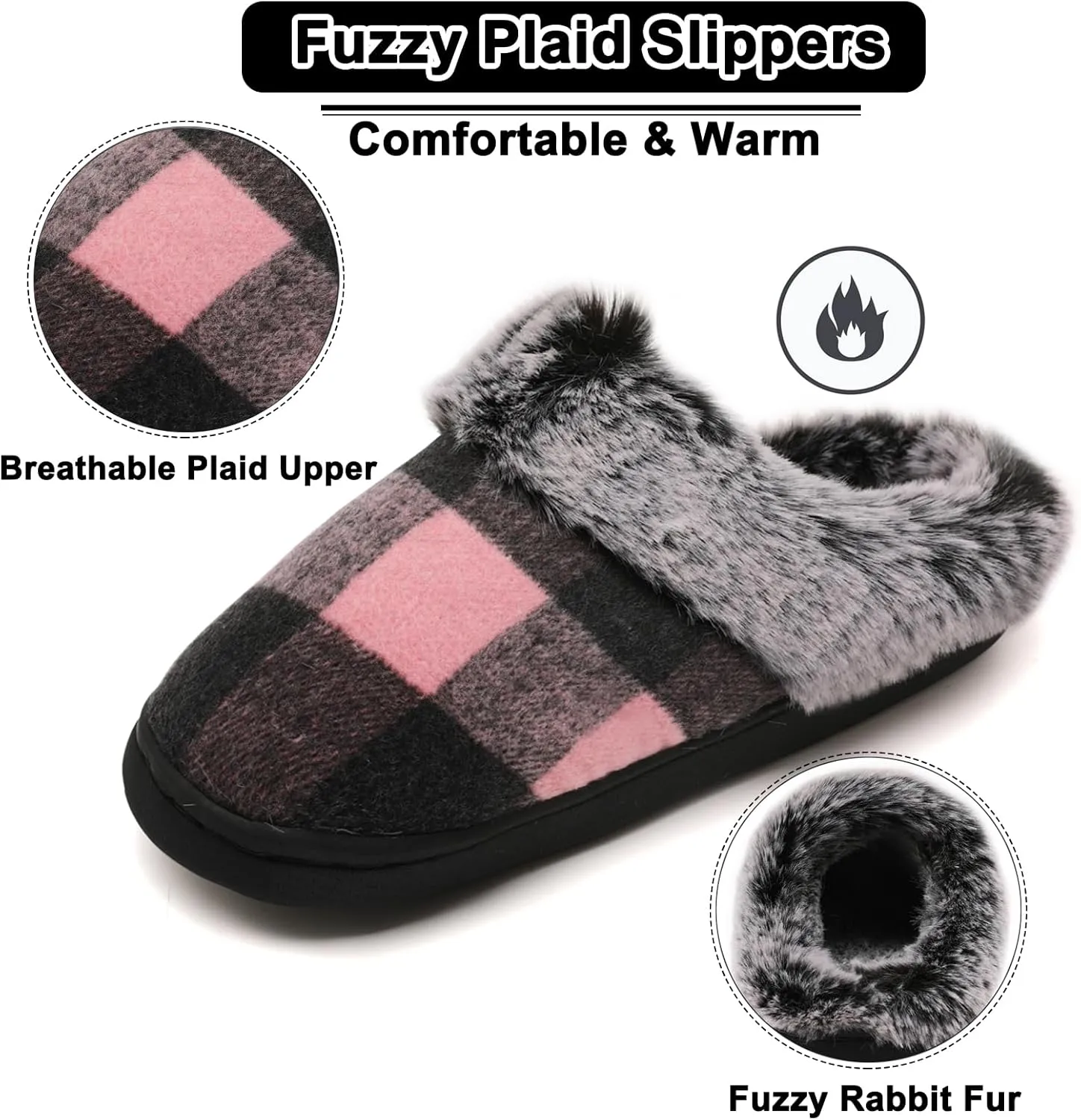 House Slippers for Woman Men, womens slippers on House Shoes Cozy Memory Foam Scuff plaid slippers with Fuzzy Faux Fur Comfortable Non-Slip Warm Fuzzy Checkered Slippers Indoor outdoor