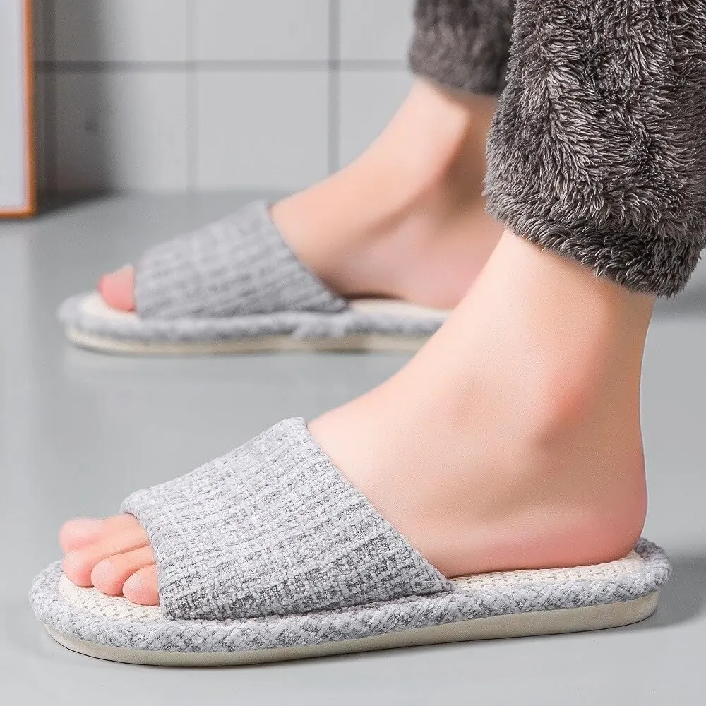 House Slippers Indoor Cotton Flax Slippers, Women's and Men's Casual Soft Non-slip Open Toed Mute Slippers