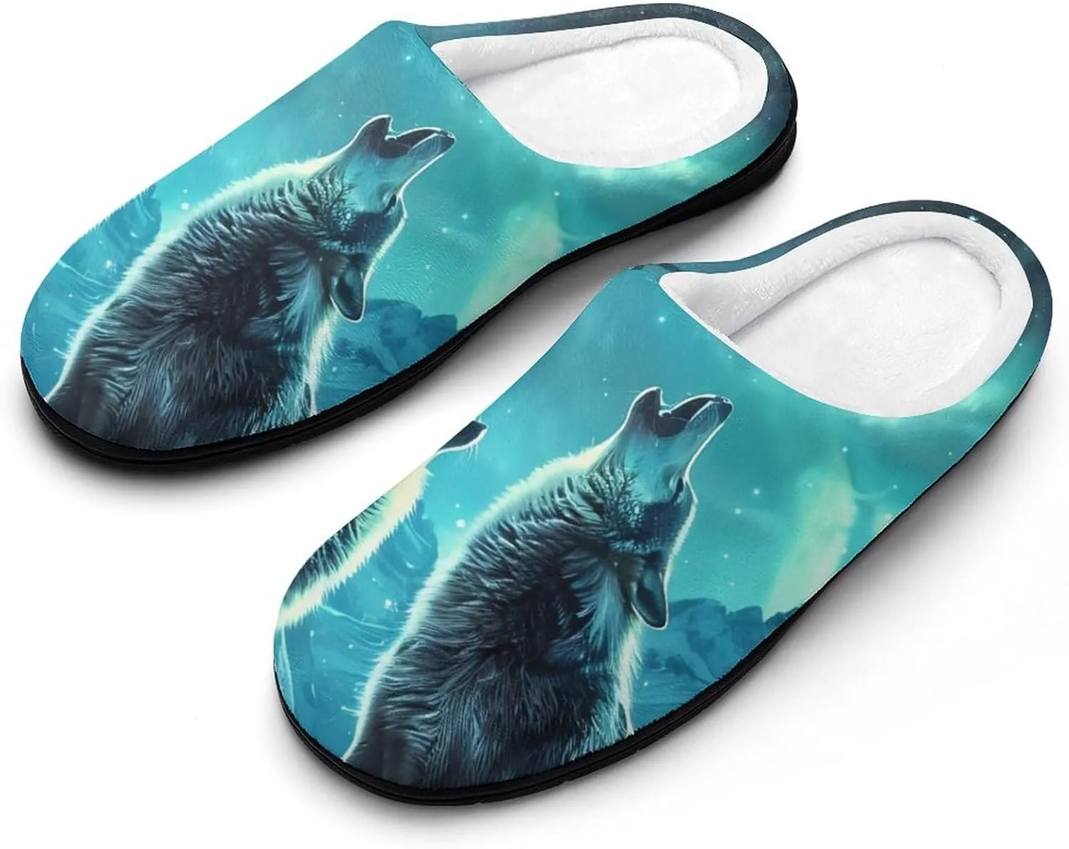 Howling Wolves Moonlight Women's Cotton House Slippers Warm Memory Foam Home Slip Shoes On for Indoor and Outdoor