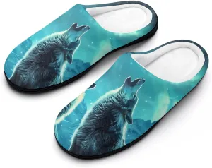 Howling Wolves Moonlight Women's Cotton House Slippers Warm Memory Foam Home Slip Shoes On for Indoor and Outdoor
