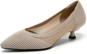 HROYL Women's Knit Pumps Kitten Heels Pointed Toe Slip On Comfortable Casual Formal Dress Shoes