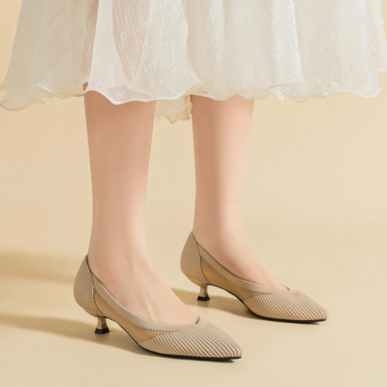 HROYL Women's Knit Pumps Kitten Heels Pointed Toe Slip On Comfortable Casual Formal Dress Shoes