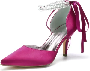 Hyinlays Women's Satin Closed Toe High Heels Wedding Shoes for Bride with Pearl Heeled Formal Evening Prom Party Dress Shoes Pumps