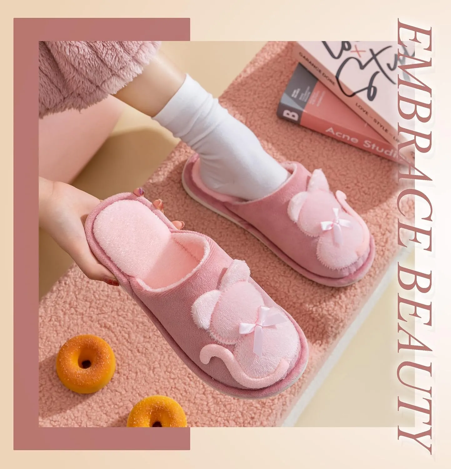 Indoor Winter Scuff Slippers for Women, Adorable Warm Slippers
