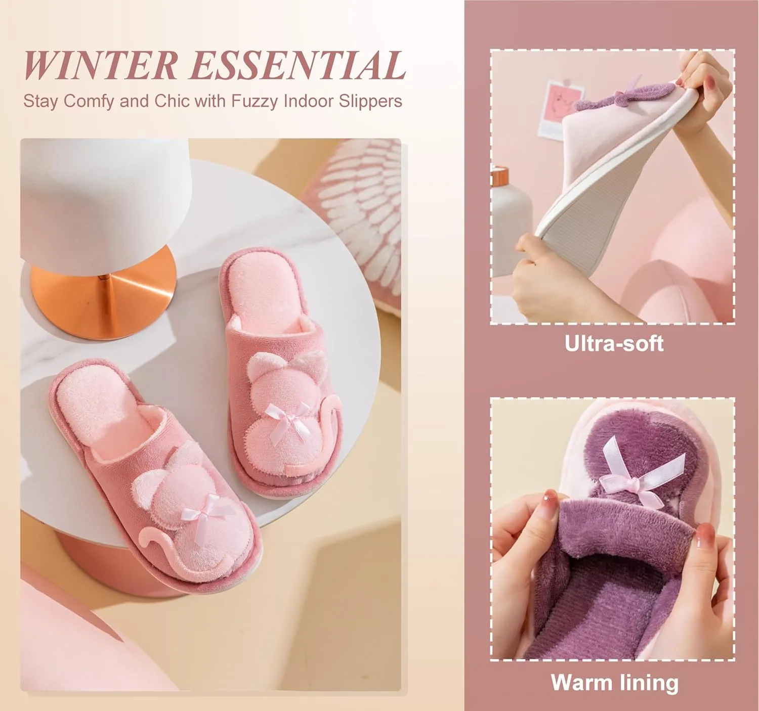 Indoor Winter Scuff Slippers for Women, Adorable Warm Slippers