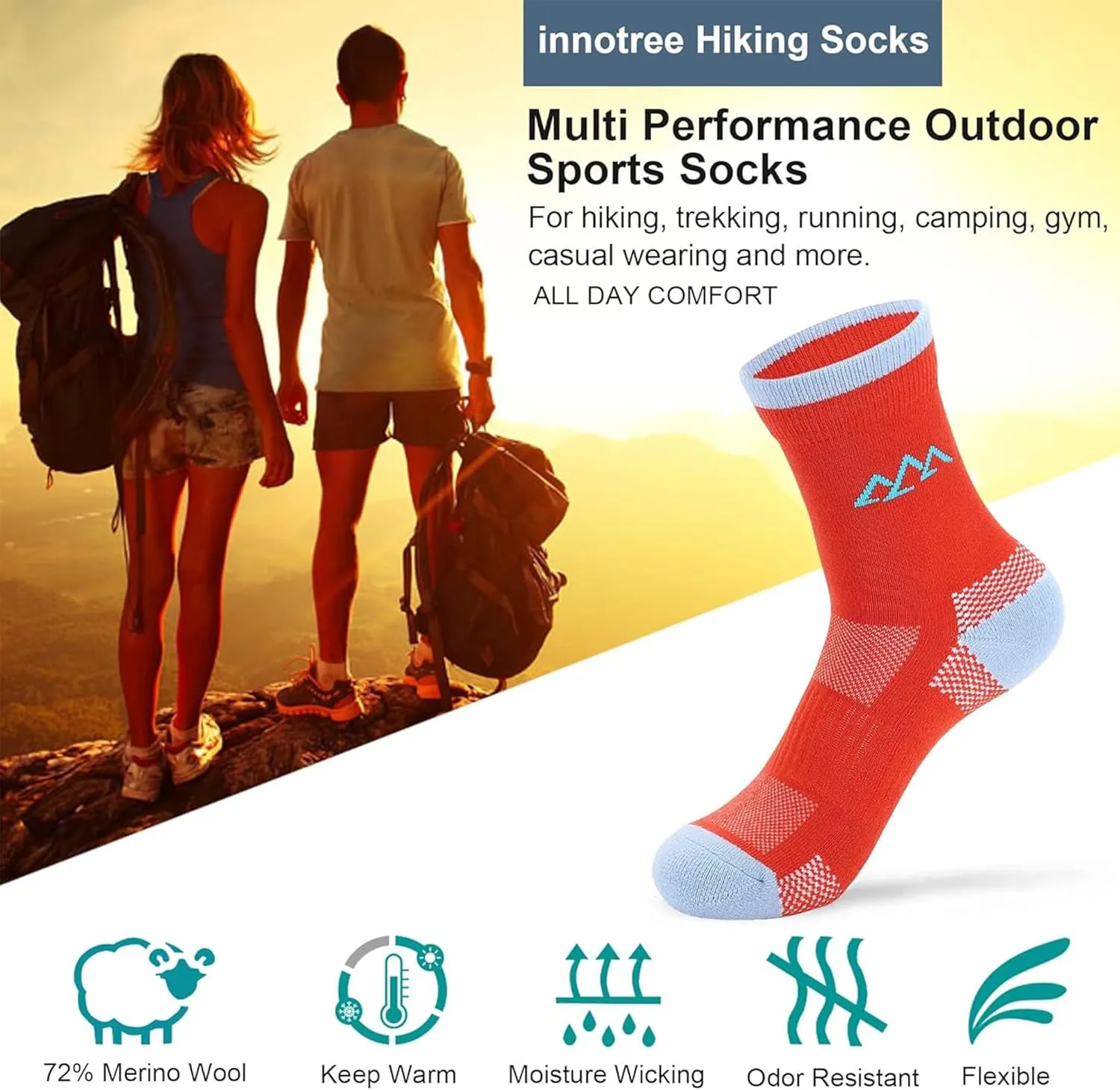 innotree 3 Pack Merino Wool Hiking Socks, Anti Blister Cushioned Micro Crew Socks for Men & Women, Outdoor Thermal Socks