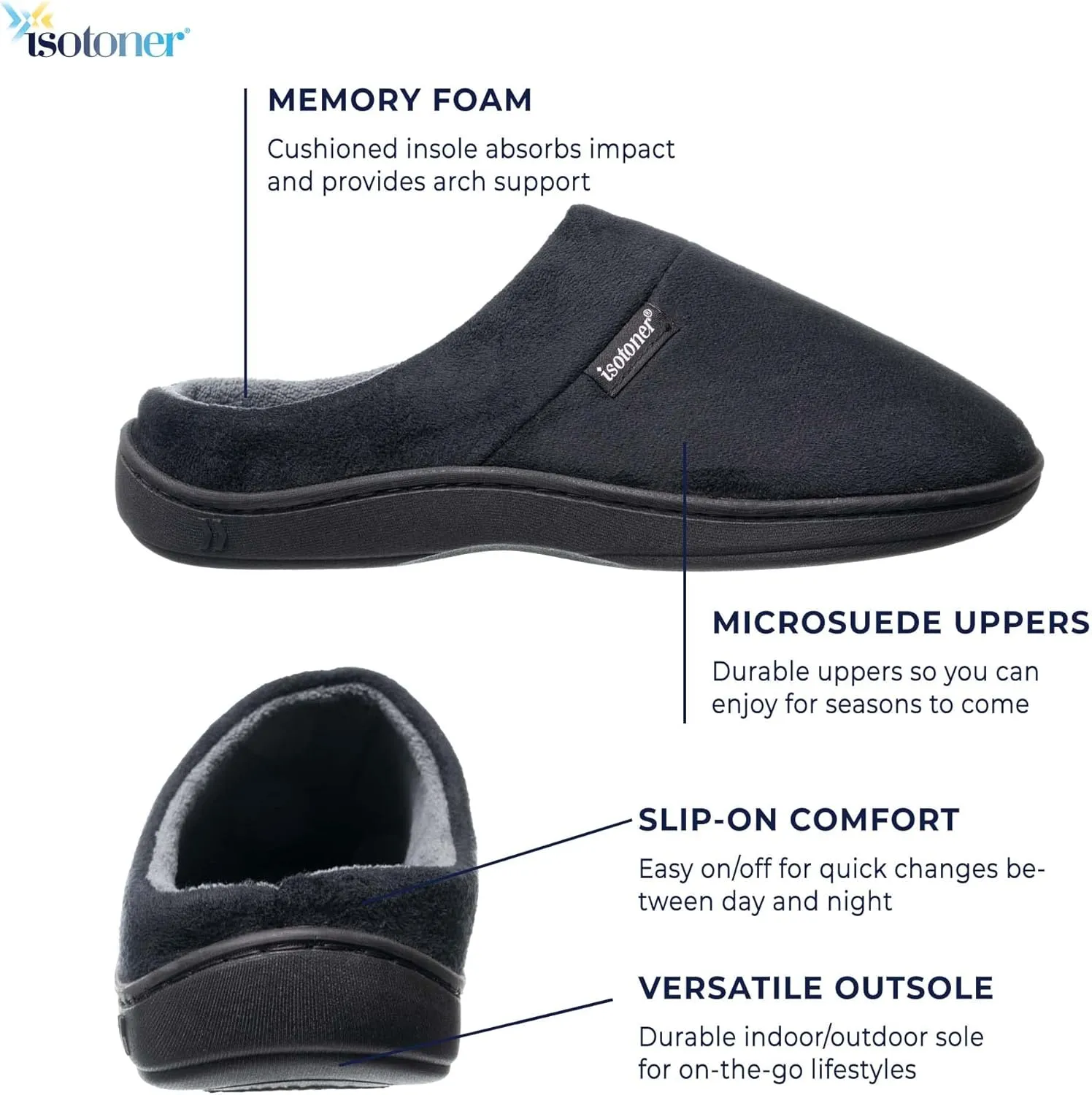 isotoner Men's Open Back Slipper with Memory Foam and Indoor/Outdoor Sole