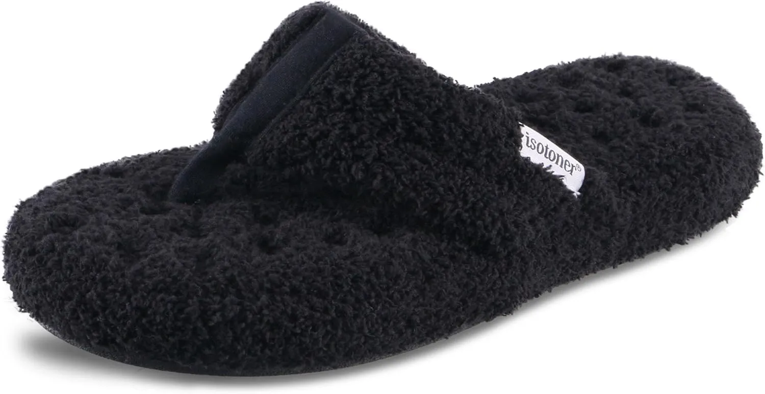 isotoner Women's Cozy Plush Terry Knit Joey Thong Slippers with Enhanced Heel Cushion