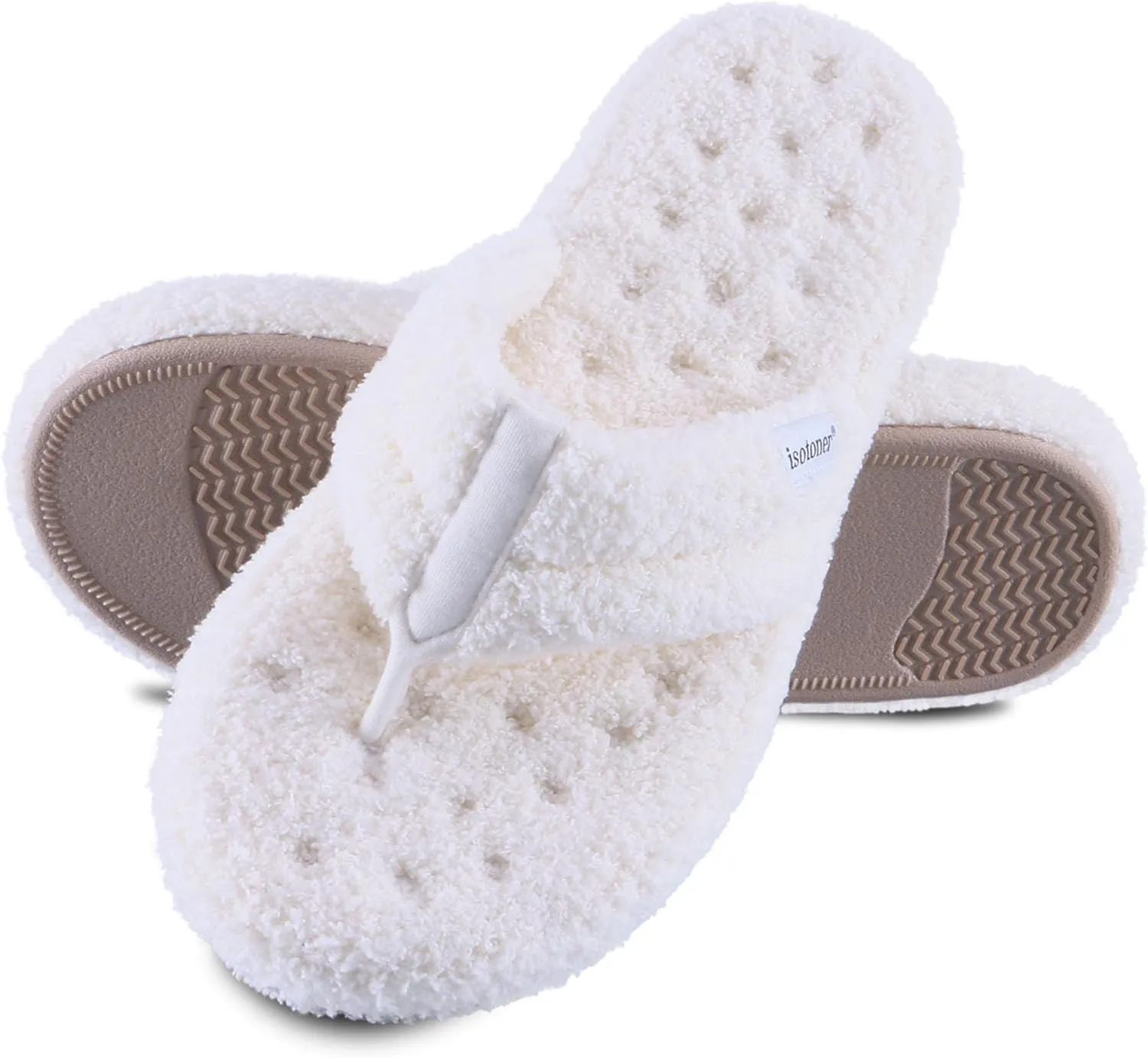 isotoner Women's Cozy Plush Terry Knit Joey Thong Slippers with Enhanced Heel Cushion