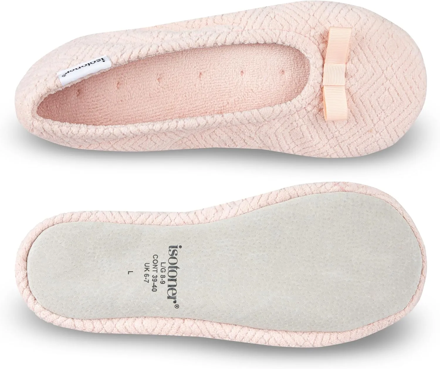 isotoner Women's Diamond Microterry Gemma Ballerina Slippers-Suede Sole with Memory Foam Comfort, Machine Washable