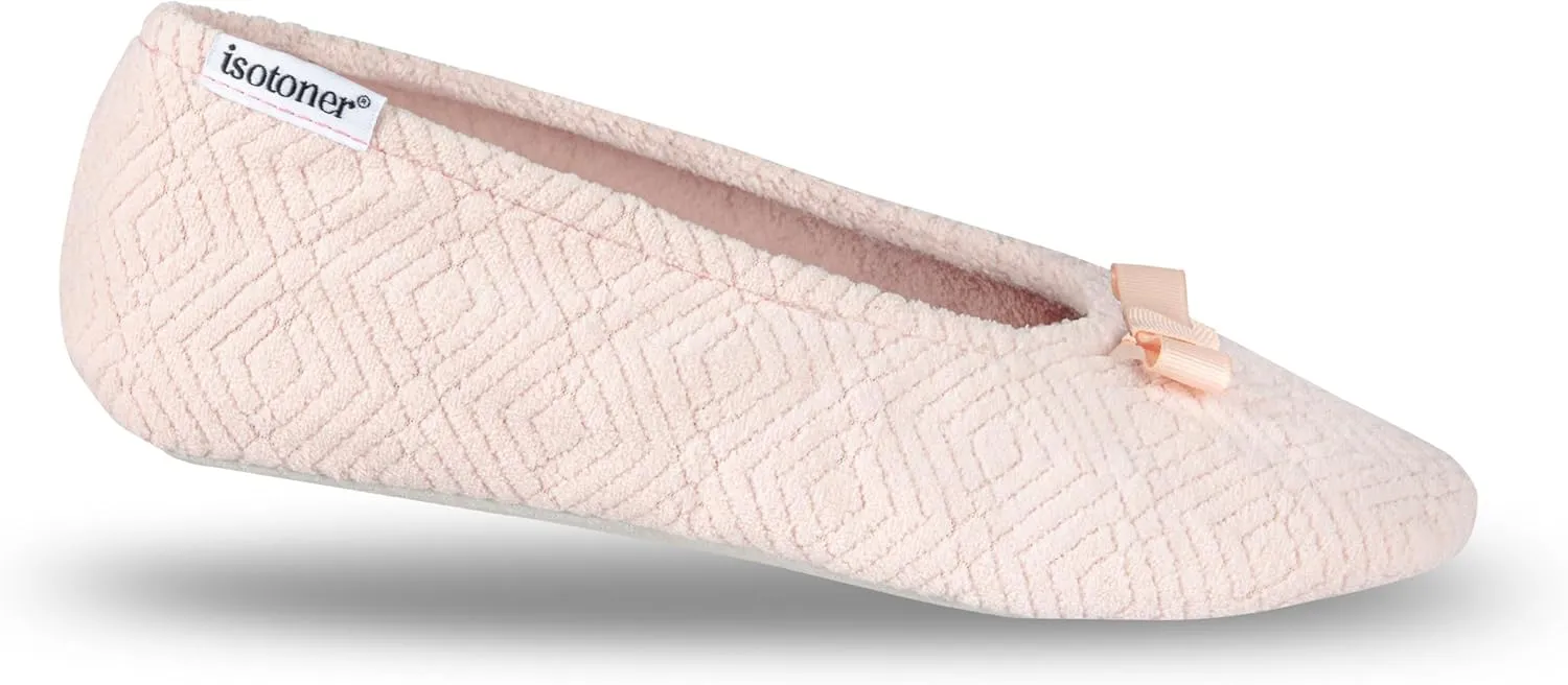 isotoner Women's Diamond Microterry Gemma Ballerina Slippers-Suede Sole with Memory Foam Comfort, Machine Washable