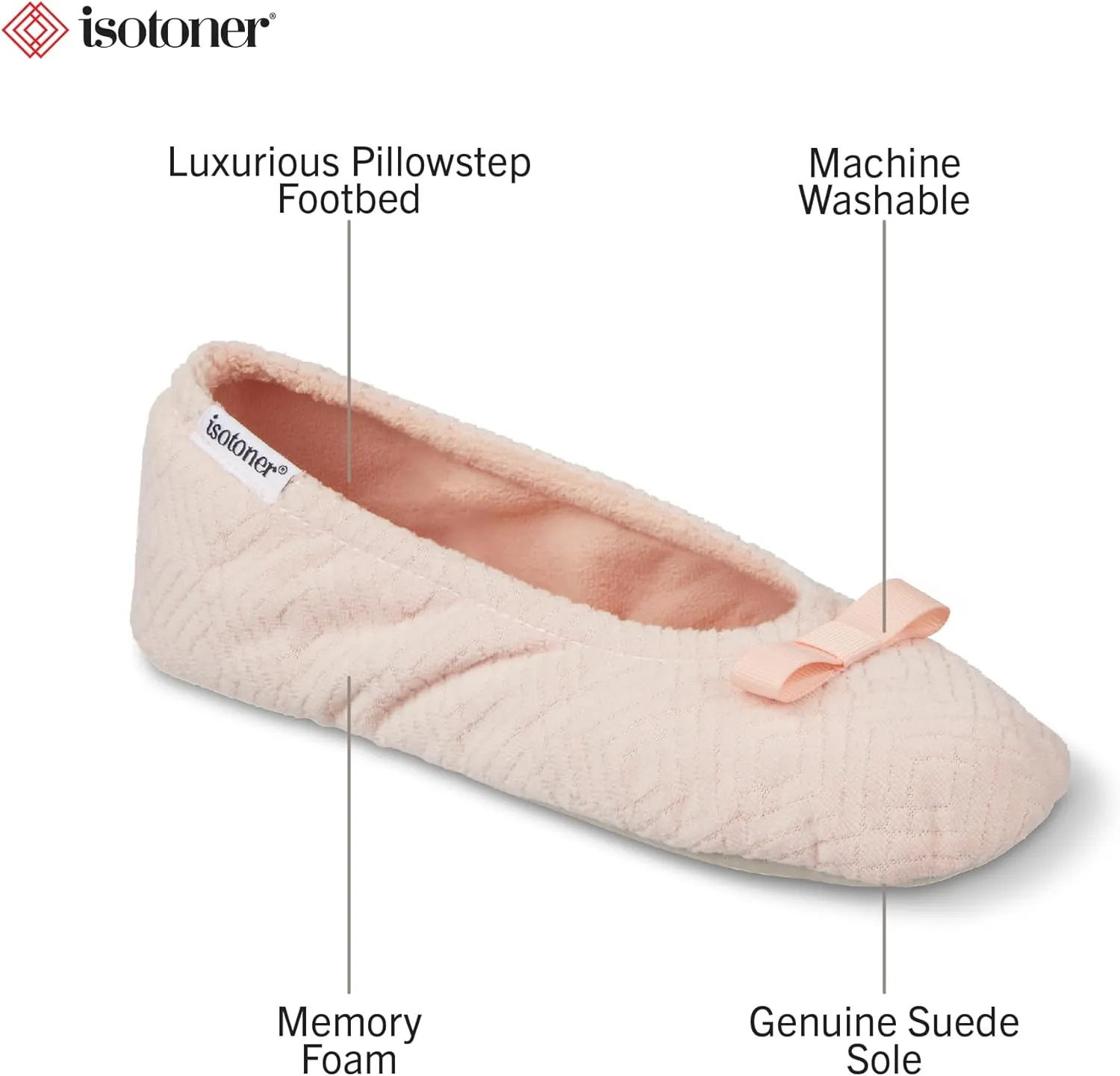 isotoner Women's Diamond Microterry Gemma Ballerina Slippers-Suede Sole with Memory Foam Comfort, Machine Washable