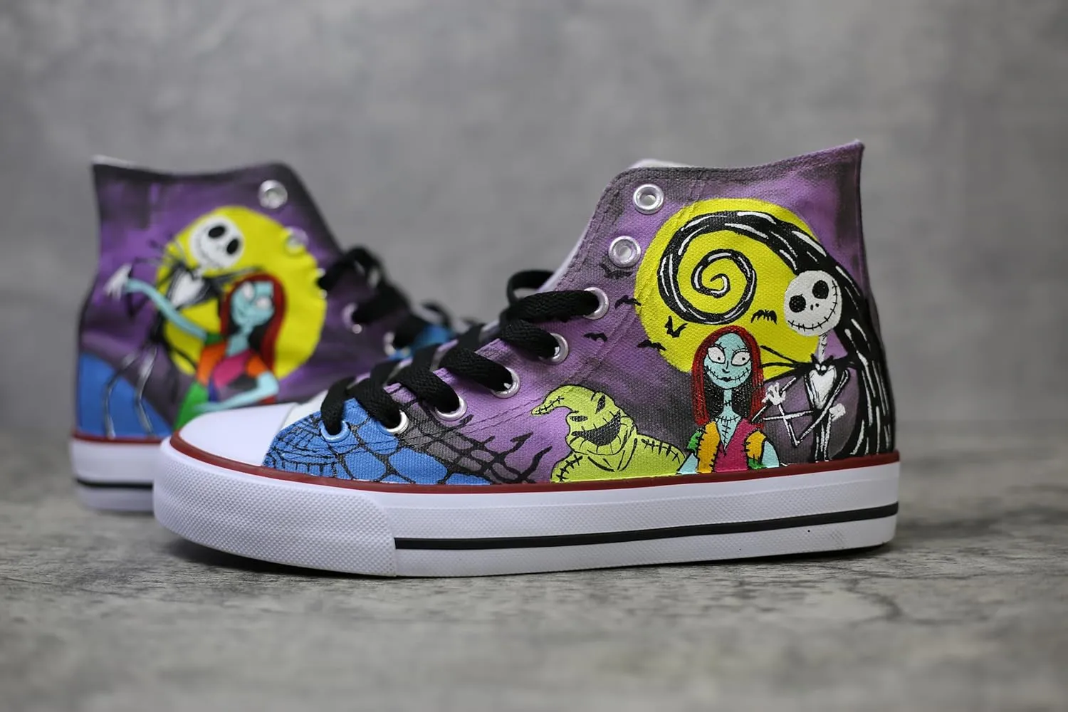Jack and Sally canvas shoes Christmas High Top Canvas Sneakers, Hand-Painted Design, Purple and Yellow (8Men/10Women/EU41)