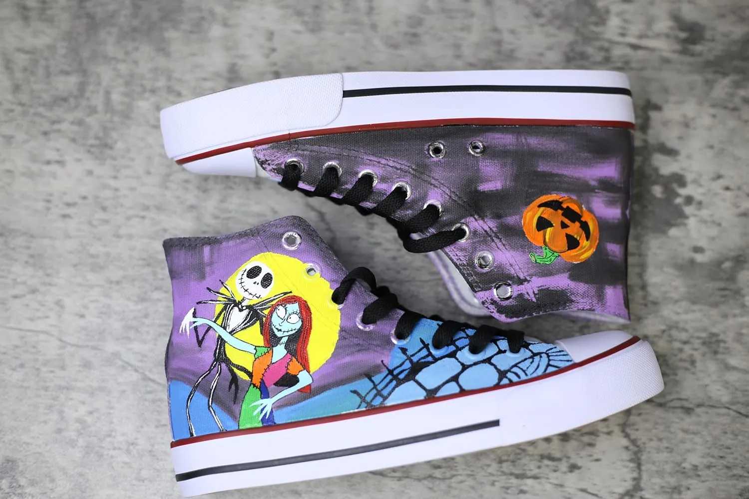Jack and Sally canvas shoes Christmas High Top Canvas Sneakers, Hand-Painted Design, Purple and Yellow (8Men/10Women/EU41)