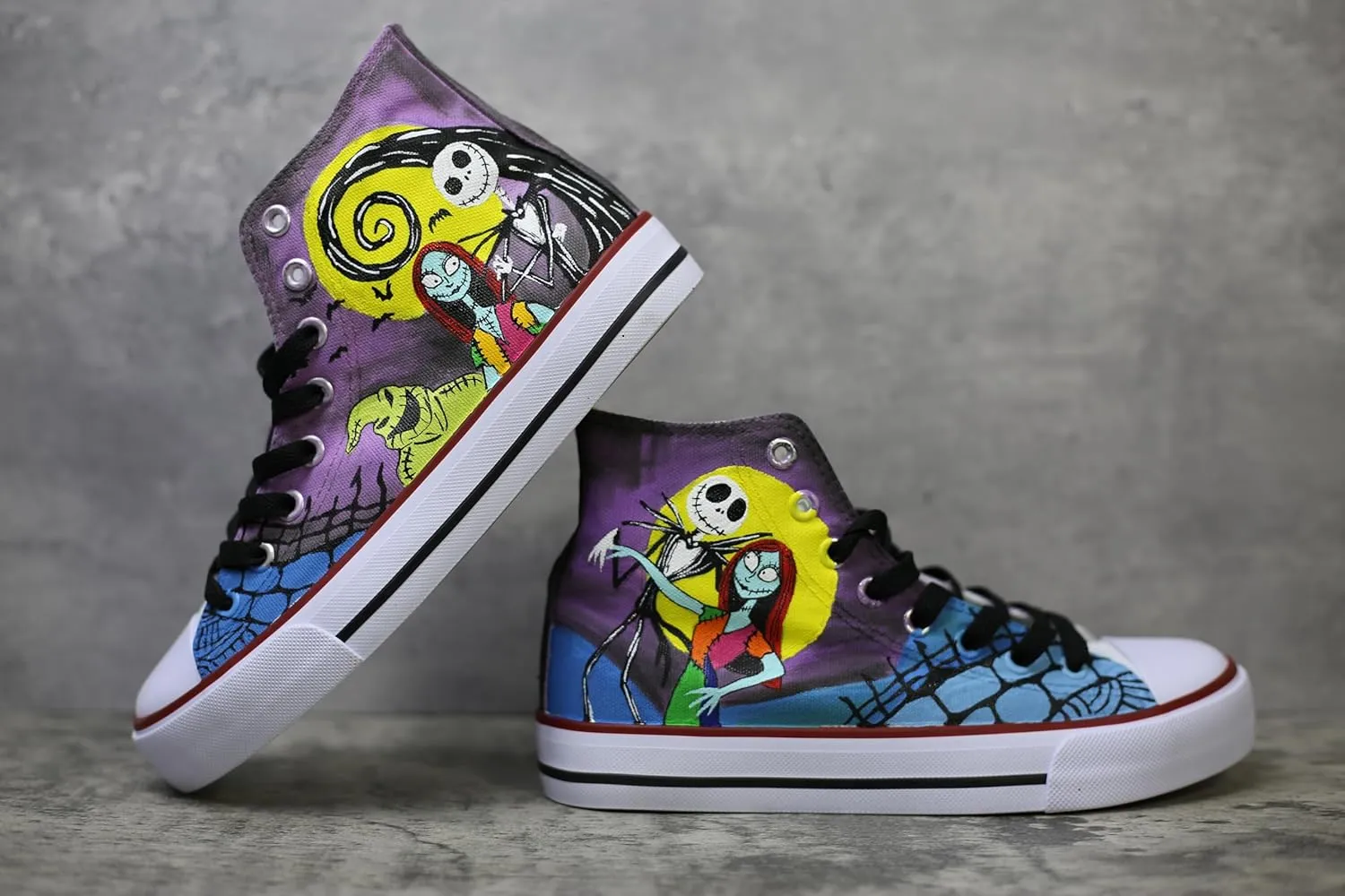 Jack and Sally canvas shoes Christmas High Top Canvas Sneakers, Hand-Painted Design, Purple and Yellow (8Men/10Women/EU41)