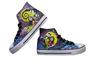 Jack and Sally canvas shoes Christmas High Top Canvas Sneakers, Hand-Painted Design, Purple and Yellow (8Men/10Women/EU41)
