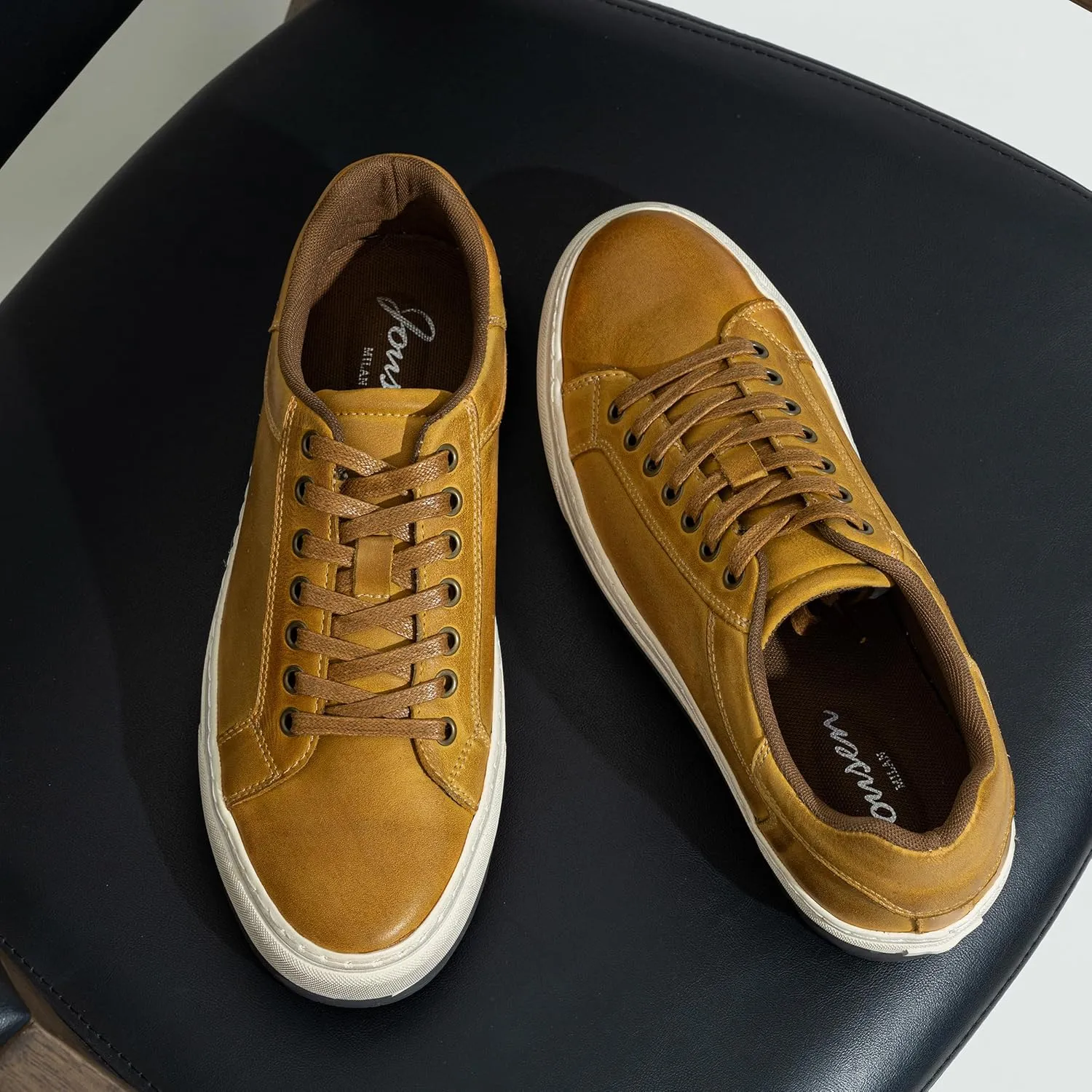 Jousen Men's Brown Leather Casual Fashion Sneakers