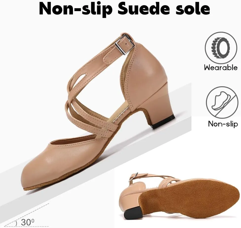 JUODVMP Women's Ballroom Dance Shoes Leather Pumps for Women Cross Strap Character Dance Shoes,Suede Sole