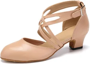 JUODVMP Women's Ballroom Dance Shoes Leather Pumps for Women Cross Strap Character Dance Shoes,Suede Sole