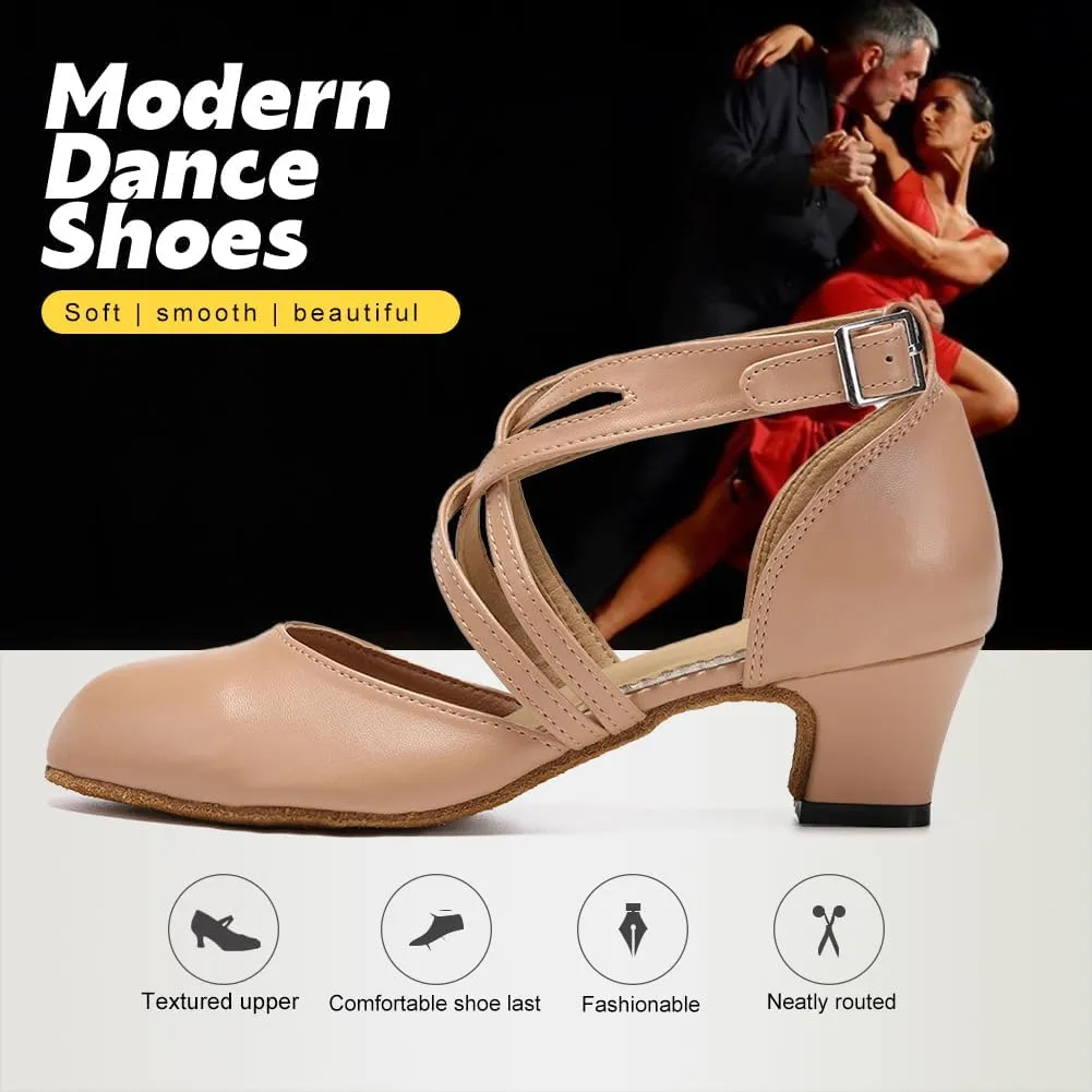 JUODVMP Women's Ballroom Dance Shoes Leather Pumps for Women Cross Strap Character Dance Shoes,Suede Sole
