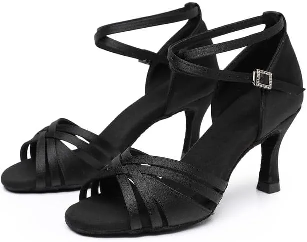 JUODVMP Women's Dance Shoes Satin Braided Ballroom Dancing Heels Professional Dancing Practice Shoes