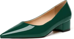 JUSTDANNI Womens Business Pointed Toe Stylish Patent Formal Slip On Chunky Low Heel Pumps Shoes 1.5 Inch