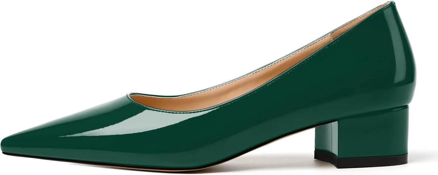 JUSTDANNI Womens Business Pointed Toe Stylish Patent Formal Slip On Chunky Low Heel Pumps Shoes 1.5 Inch